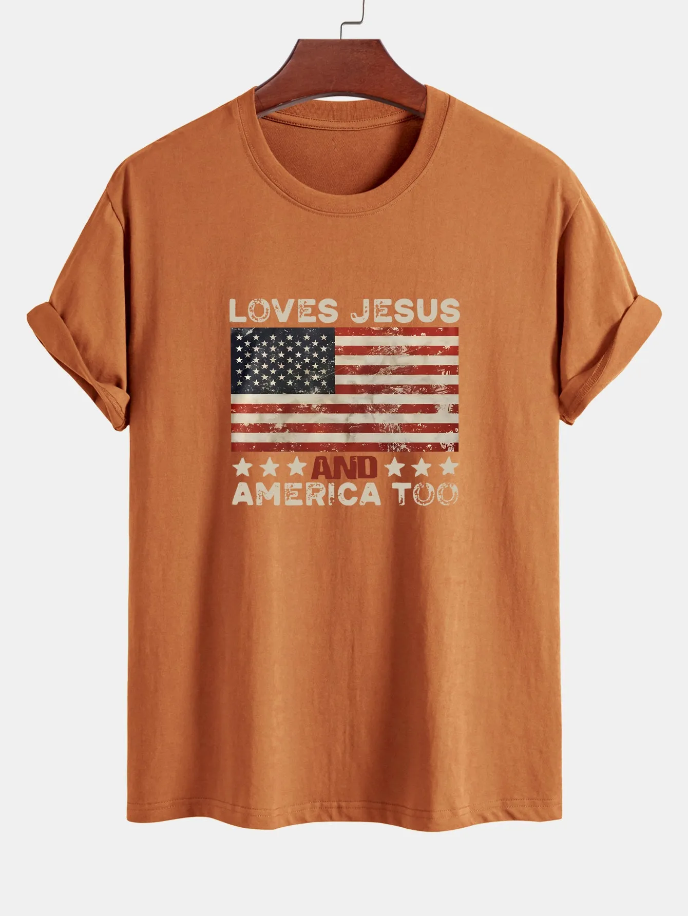Regular Fit Jesus American Flag Slogan Print Cotton T-Shirt sold by Hoooyi product image thumbnail 5