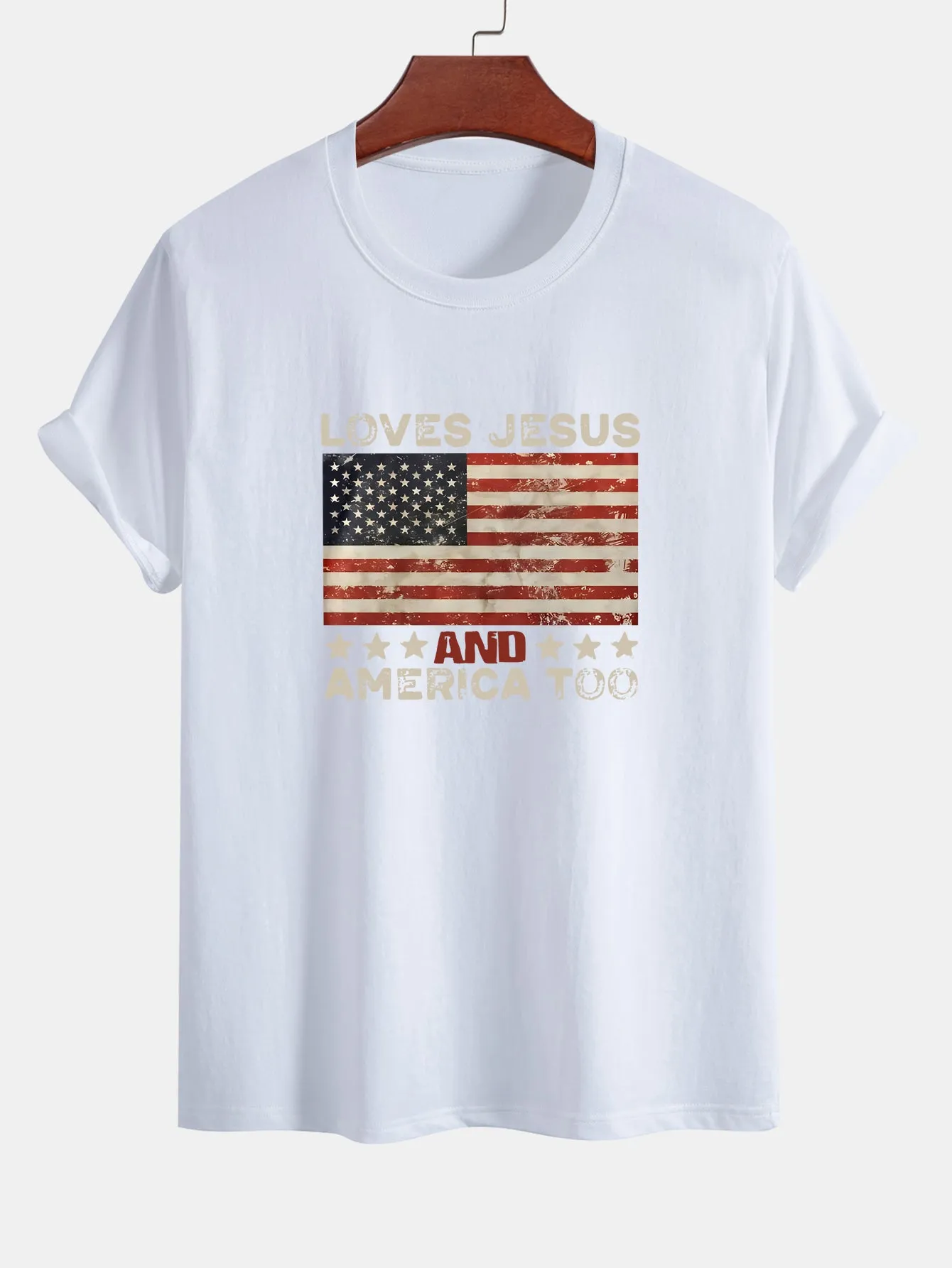 Regular Fit Jesus American Flag Slogan Print Cotton T-Shirt sold by Hoooyi product image thumbnail 2