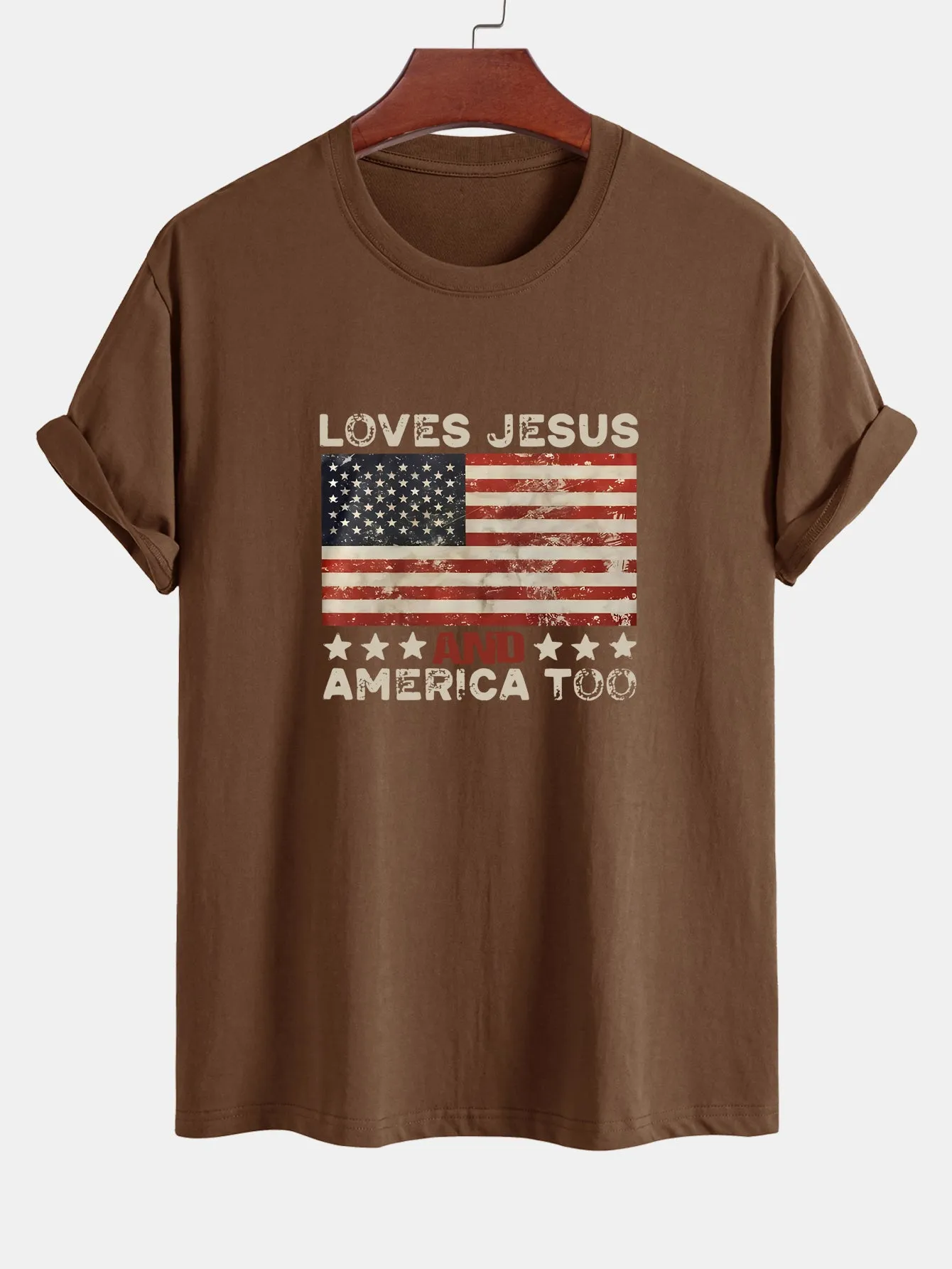 Regular Fit Jesus American Flag Slogan Print Cotton T-Shirt sold by Hoooyi product image thumbnail 3