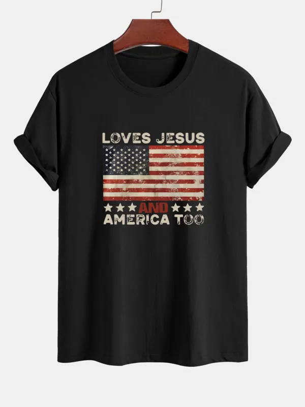 Regular Fit Jesus American Flag Slogan Print Cotton T-Shirt sold by Hoooyi