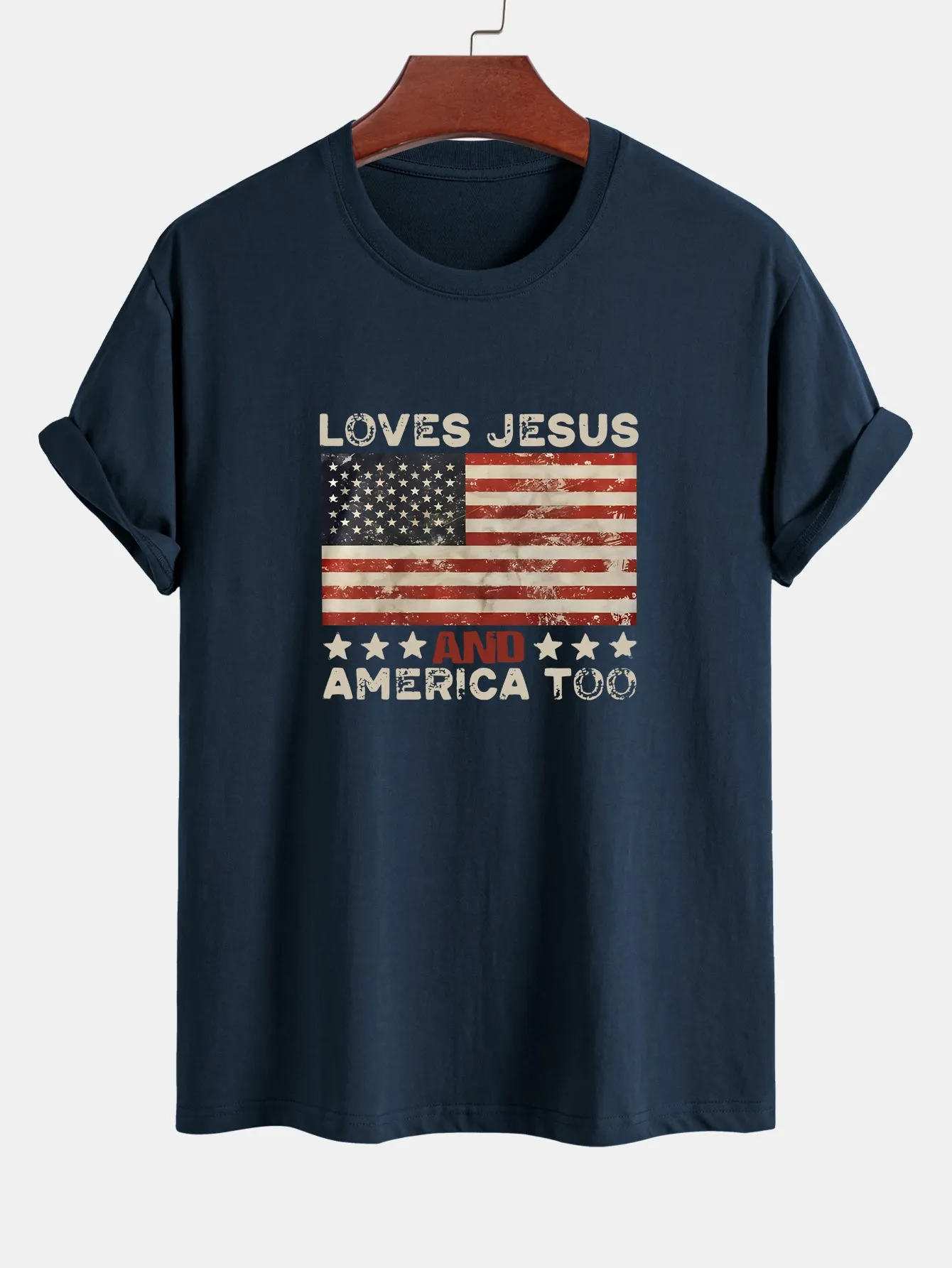Regular Fit Jesus American Flag Slogan Print Cotton T-Shirt sold by Hoooyi product image thumbnail 4