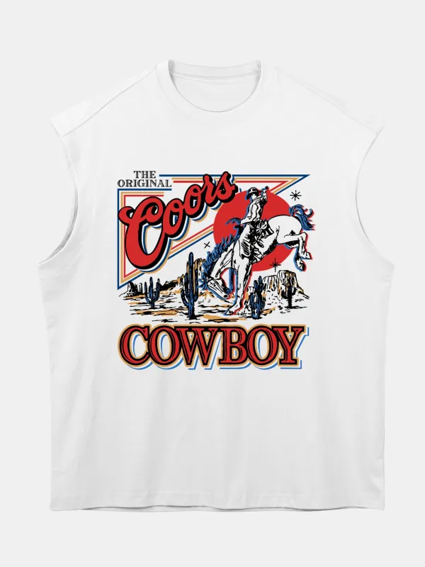 Relax Fit Western Cowboy Print Cotton Drop Shoulder Sleeveless T-Shirt sold by Hoooyi