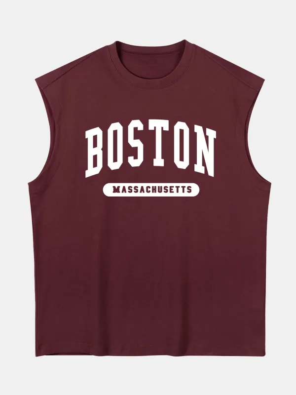 Relax Fit Boston Slogan Jacket Print Cotton Drop Shoulder Sleeveless T-Shirt sold by Hoooyi