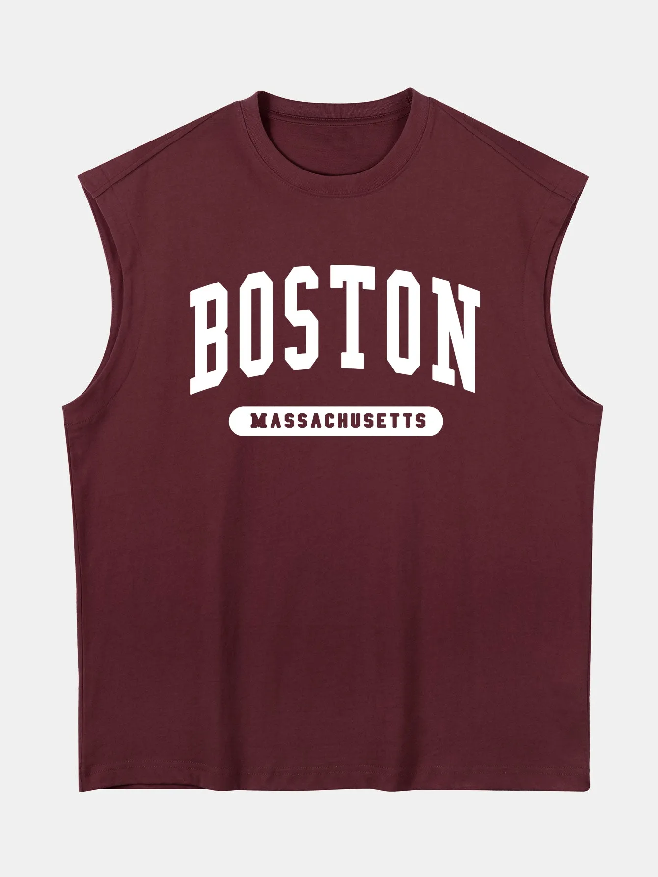 Relax Fit Boston Slogan Jacket Print Cotton Drop Shoulder Sleeveless T-Shirt sold by Hoooyi