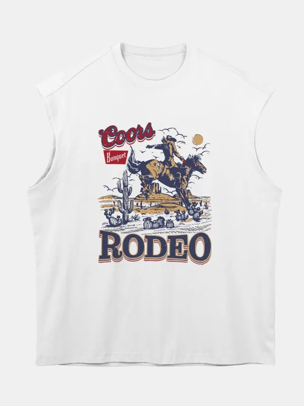 Relax Fit Western Cowboy Print Cotton Drop Shoulder Sleeveless T-Shirt sold by Hoooyi