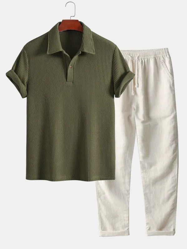 Short Sleeved Waffle Polo & Straight Leg Linen Pants sold by Hoooyi