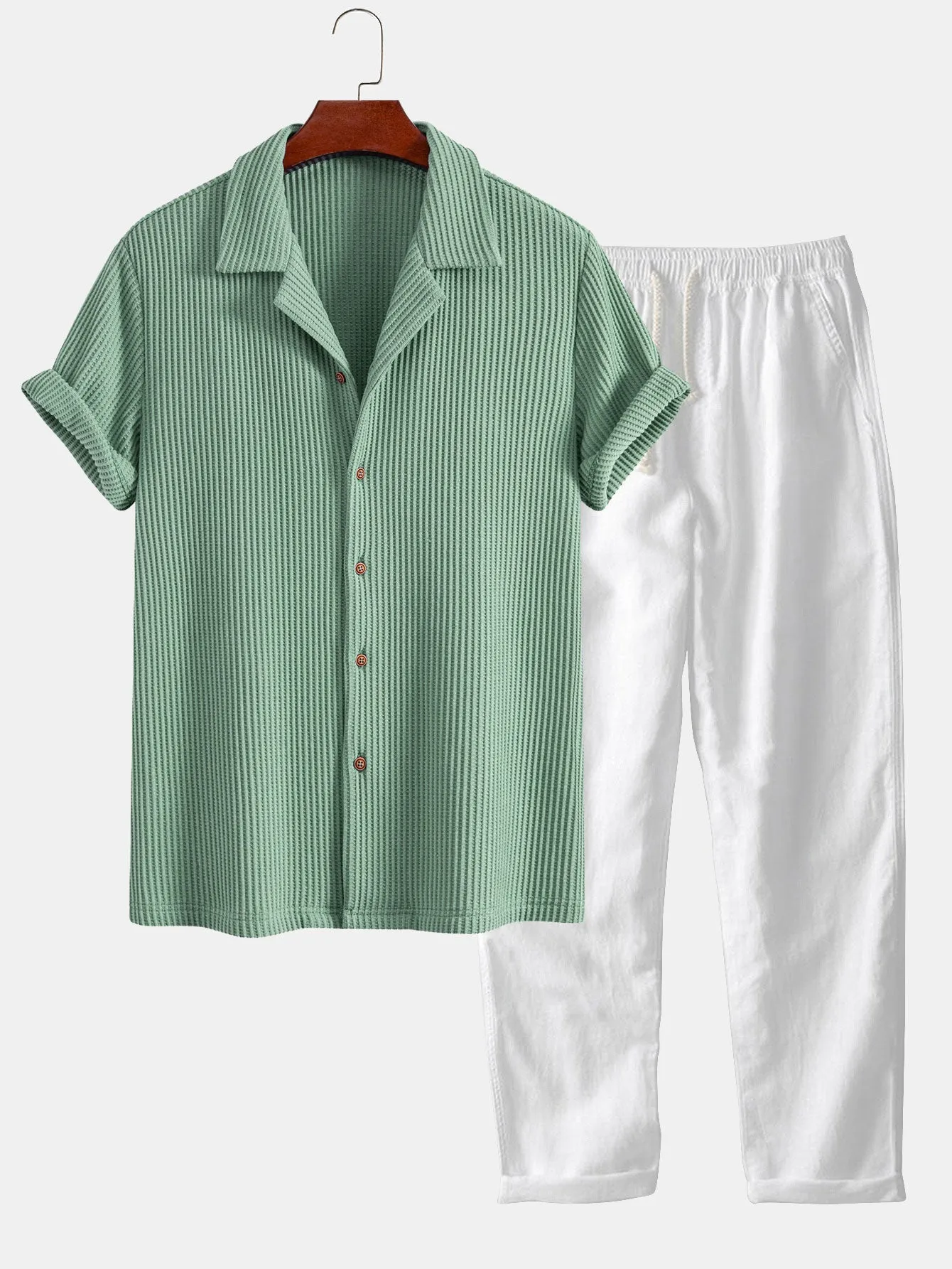 Waffle Button Up Shirt & Straight Leg Linen Pants sold by Hoooyi product image thumbnail 5