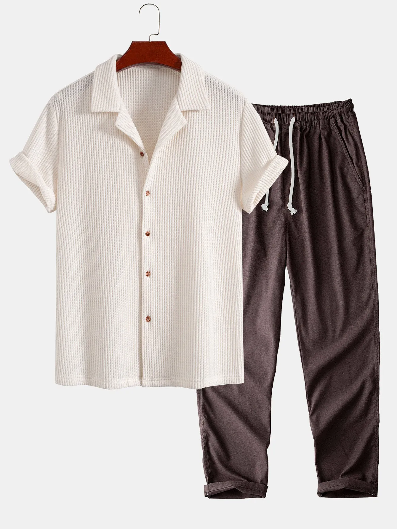 Waffle Button Up Shirt & Straight Leg Linen Pants sold by Hoooyi product image thumbnail 4