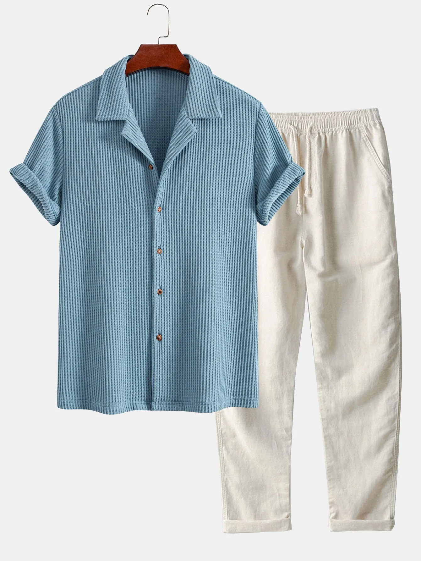 Waffle Button Up Shirt & Straight Leg Linen Pants sold by Hoooyi