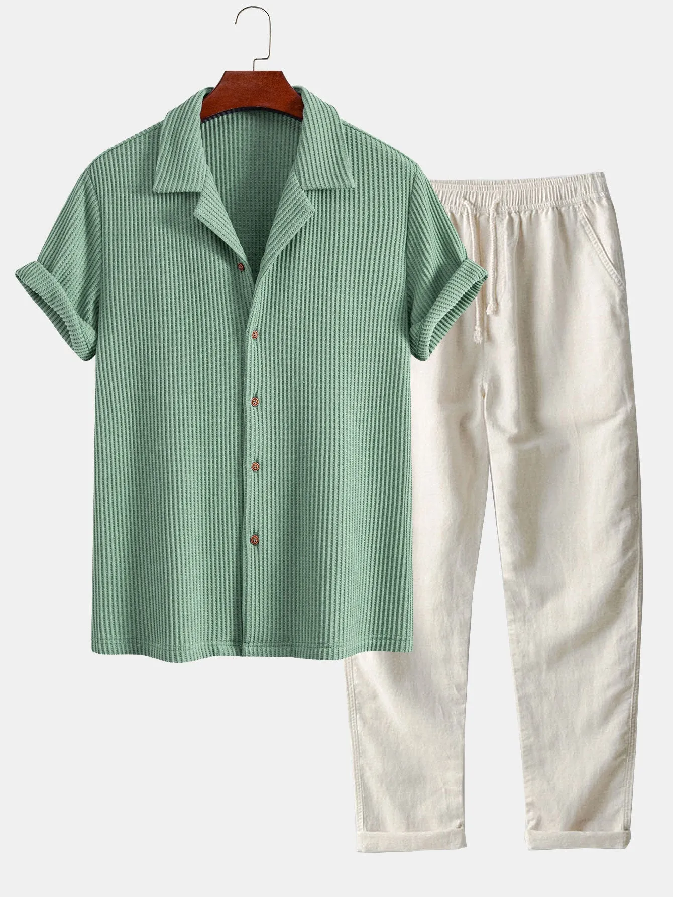 Waffle Button Up Shirt & Straight Leg Linen Pants sold by Hoooyi product image thumbnail 3