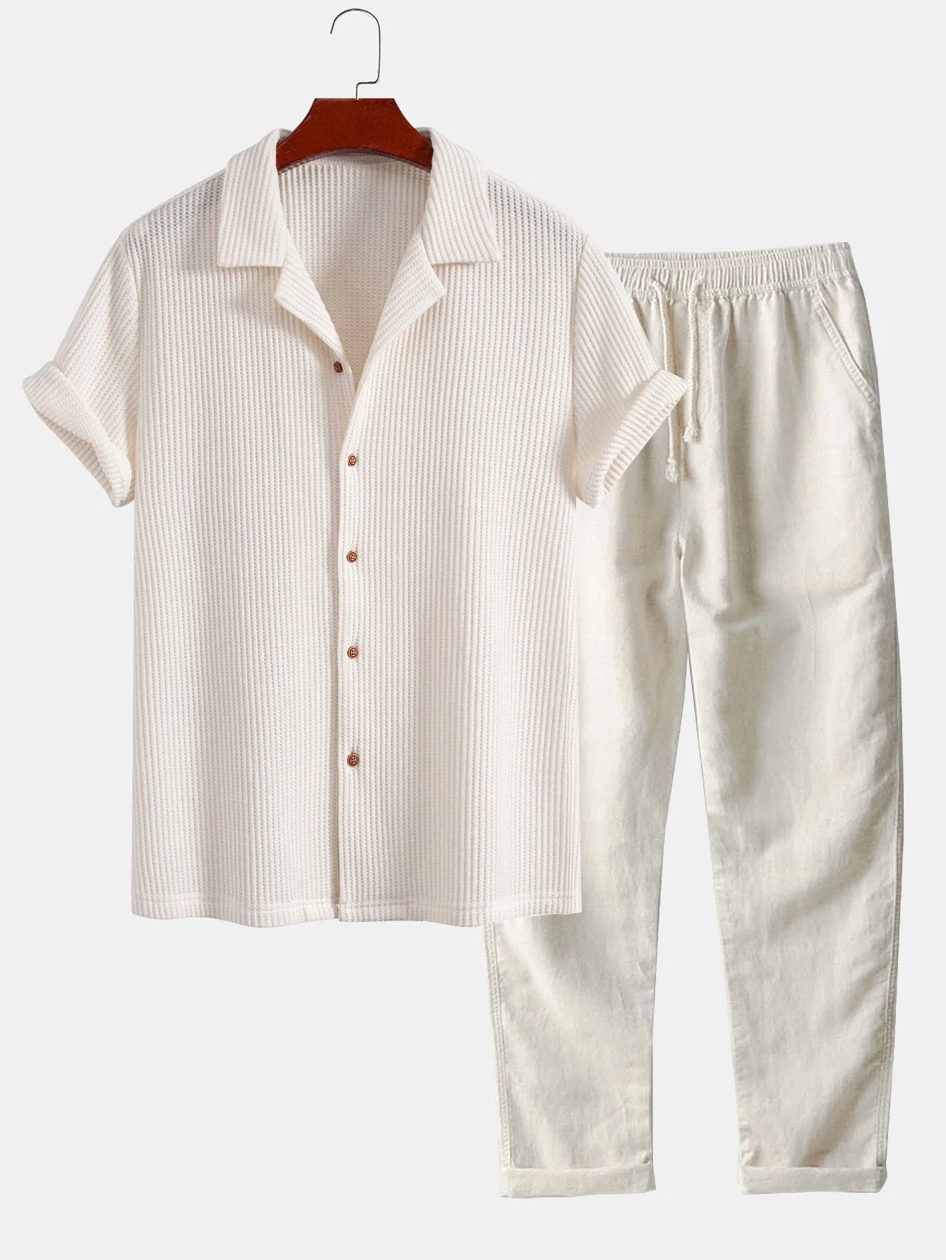 Waffle Button Up Shirt & Straight Leg Linen Pants sold by Hoooyi product image thumbnail 2