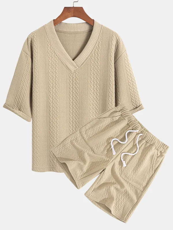 Relax Fit Geometric Jacquard V Neck Three Quarter Sleeve T-Shirt & Shorts sold by Hoooyi