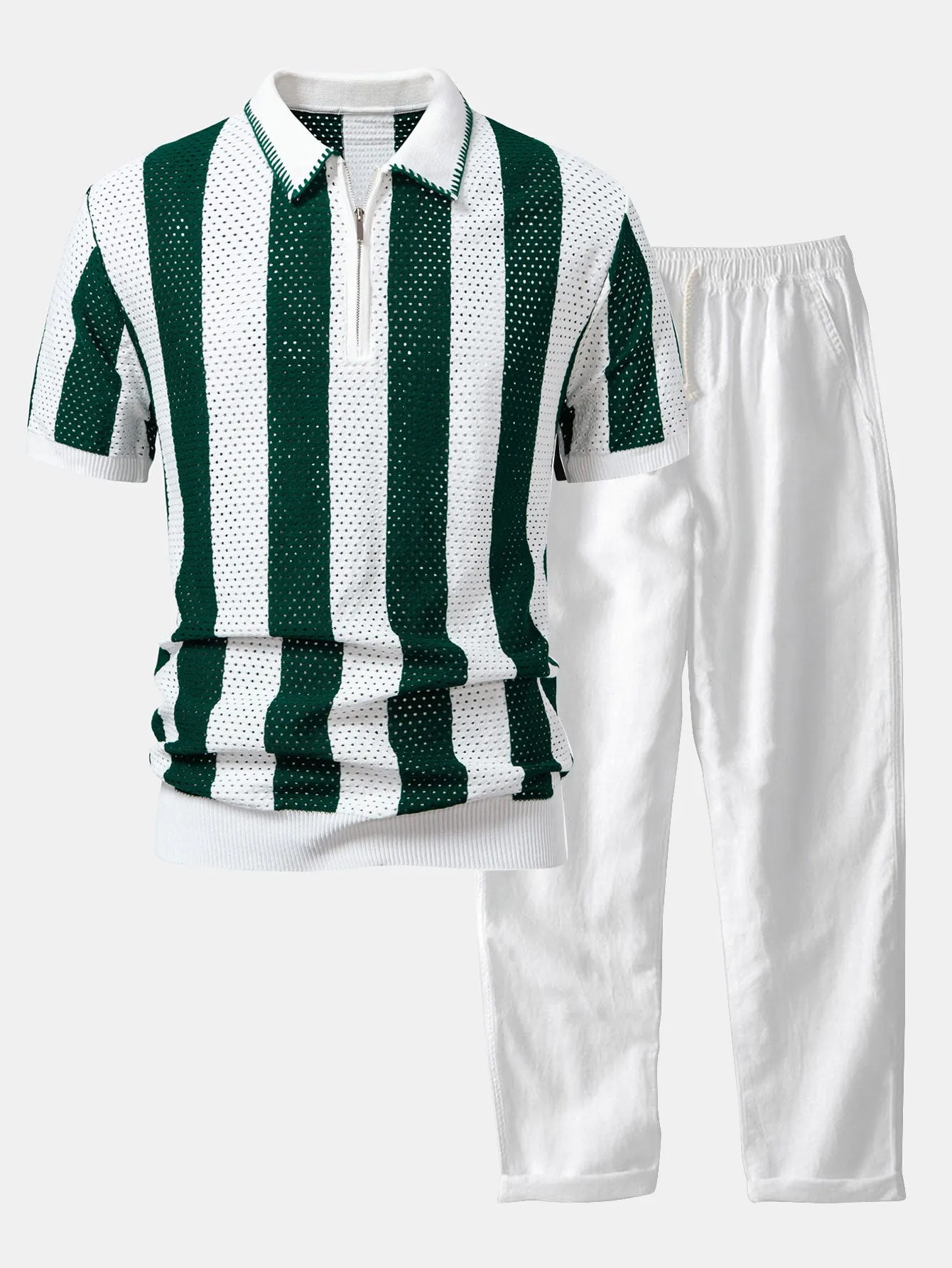 Striped Eyelet Knit Zip Up Polo Shirt & Straight Leg Linen Pants sold by Hoooyi product image thumbnail 5