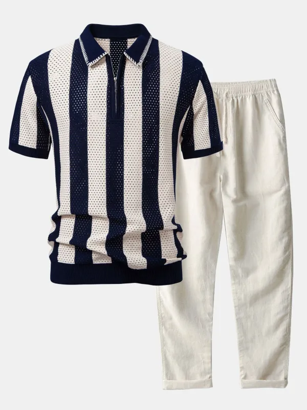 Striped Eyelet Knit Zip Up Polo Shirt & Straight Leg Linen Pants sold by Hoooyi