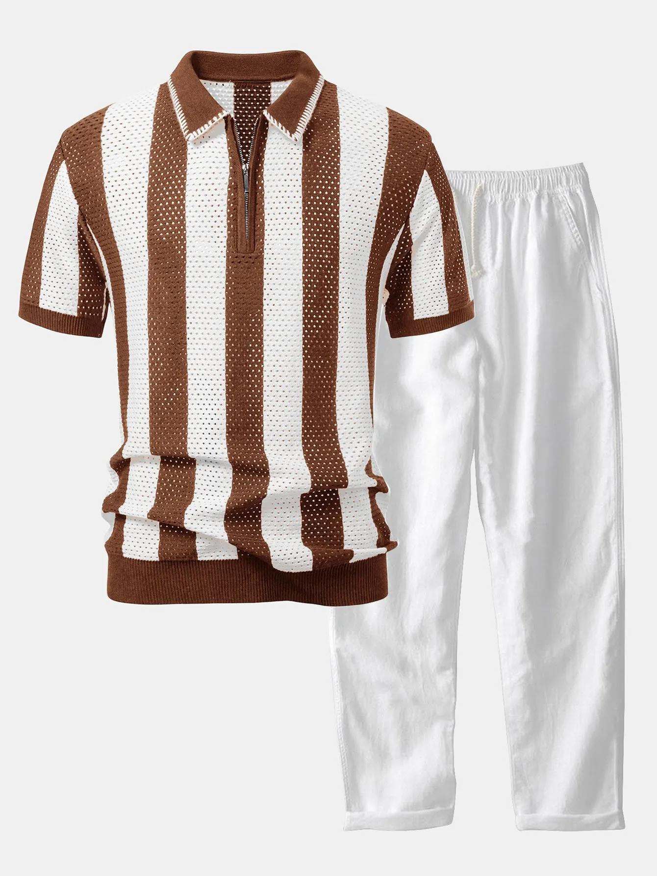Striped Eyelet Knit Zip Up Polo Shirt & Straight Leg Linen Pants sold by Hoooyi product image thumbnail 3