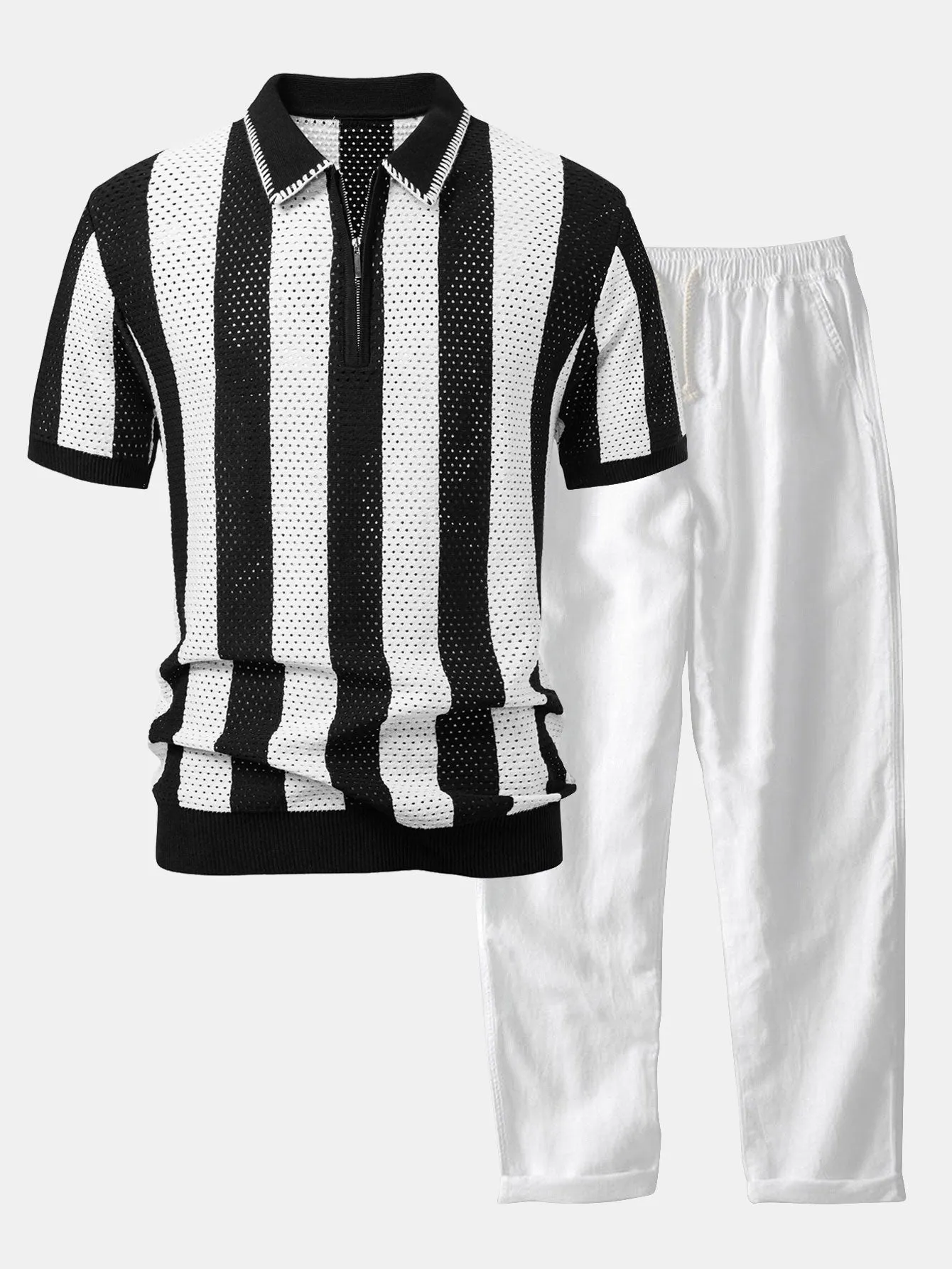 Striped Eyelet Knit Zip Up Polo Shirt & Straight Leg Linen Pants sold by Hoooyi product image thumbnail 4