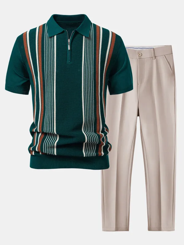 Stripe Knit Zip Up Polo Shirt & Slim Fit Tapered Trousers sold by Hoooyi