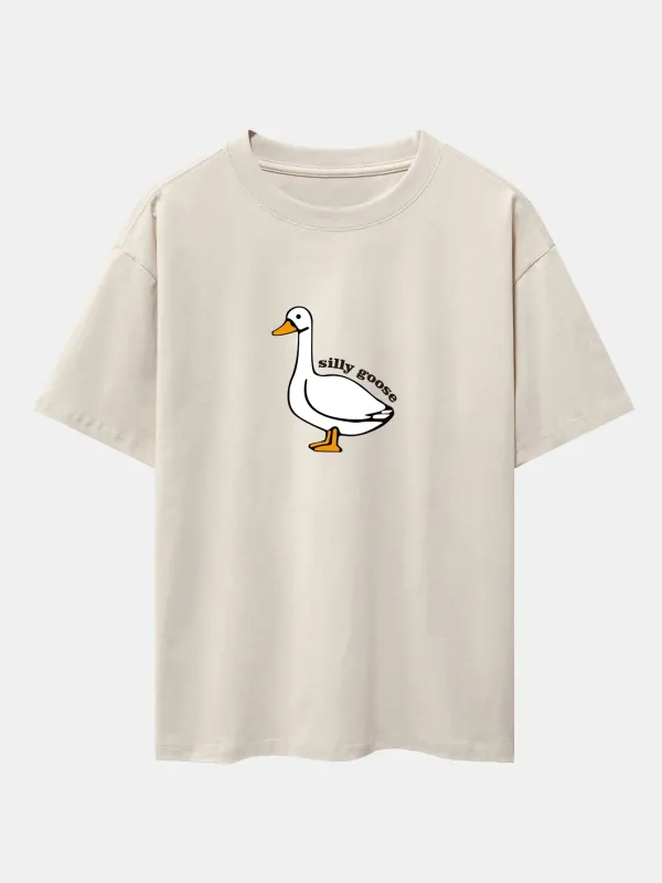 Silly Goose Print Drop Shoulder Oversize T-Shirt sold by Hoooyi