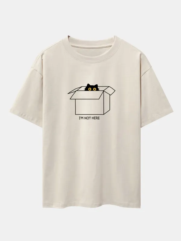 Black Cat Peeking Through Cardboard Print Drop Shoulder Oversize T-Shirt sold by Hoooyi