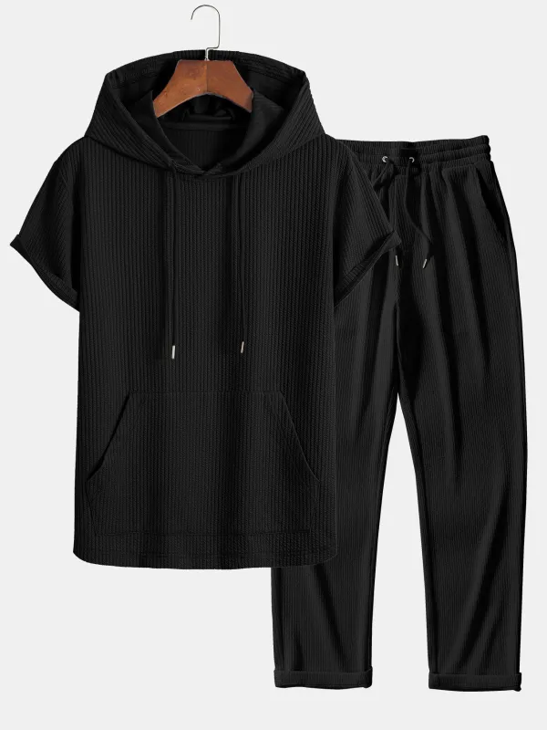 Kangaroo Pocket Ribbed Hooded T-Shirt & Straight Leg Ribbed Pants sold by Hoooyi