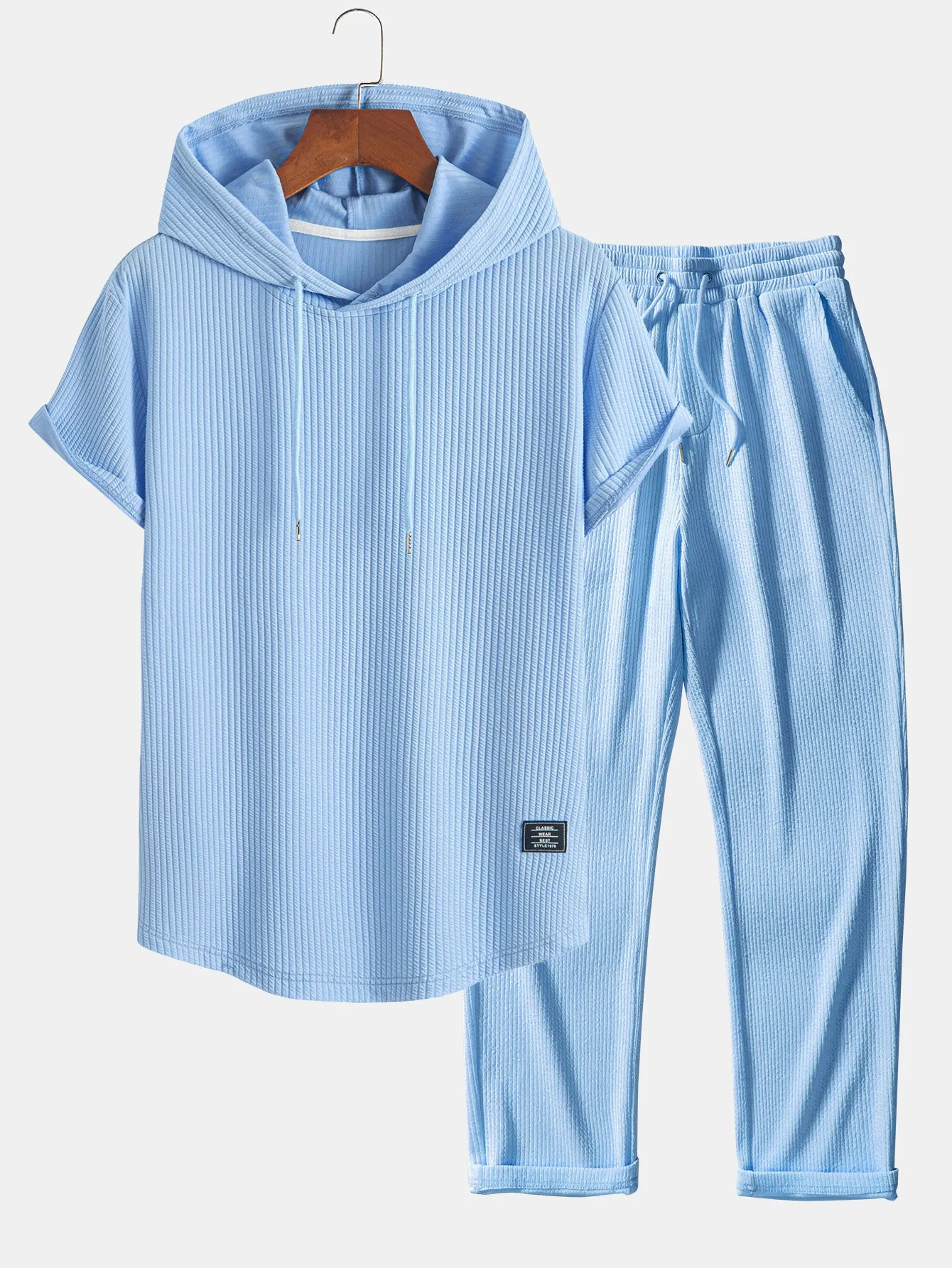 Ribbed Hooded Arc Hem T-Shirt & Straight Leg Ribbed Pants sold by Hoooyi product image thumbnail 2