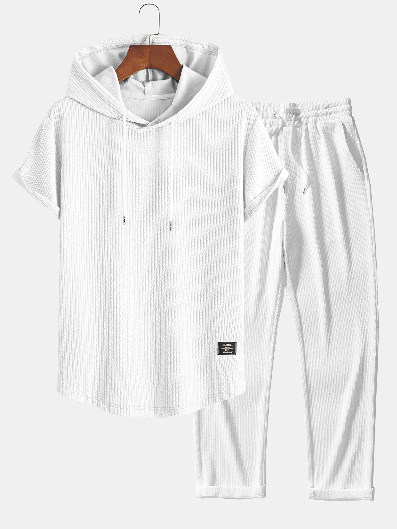 Ribbed Hooded Arc Hem T-Shirt & Straight Leg Ribbed Pants sold by Hoooyi product image thumbnail 4