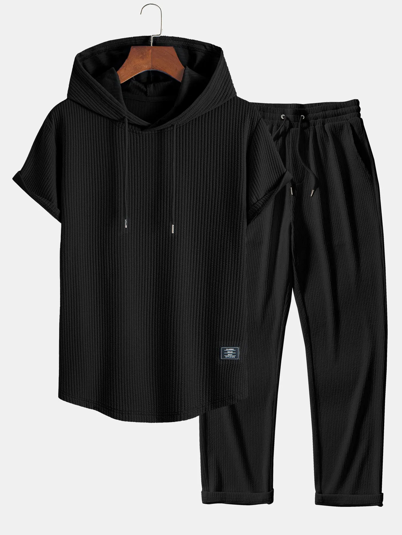 Ribbed Hooded Arc Hem T-Shirt & Straight Leg Ribbed Pants sold by Hoooyi