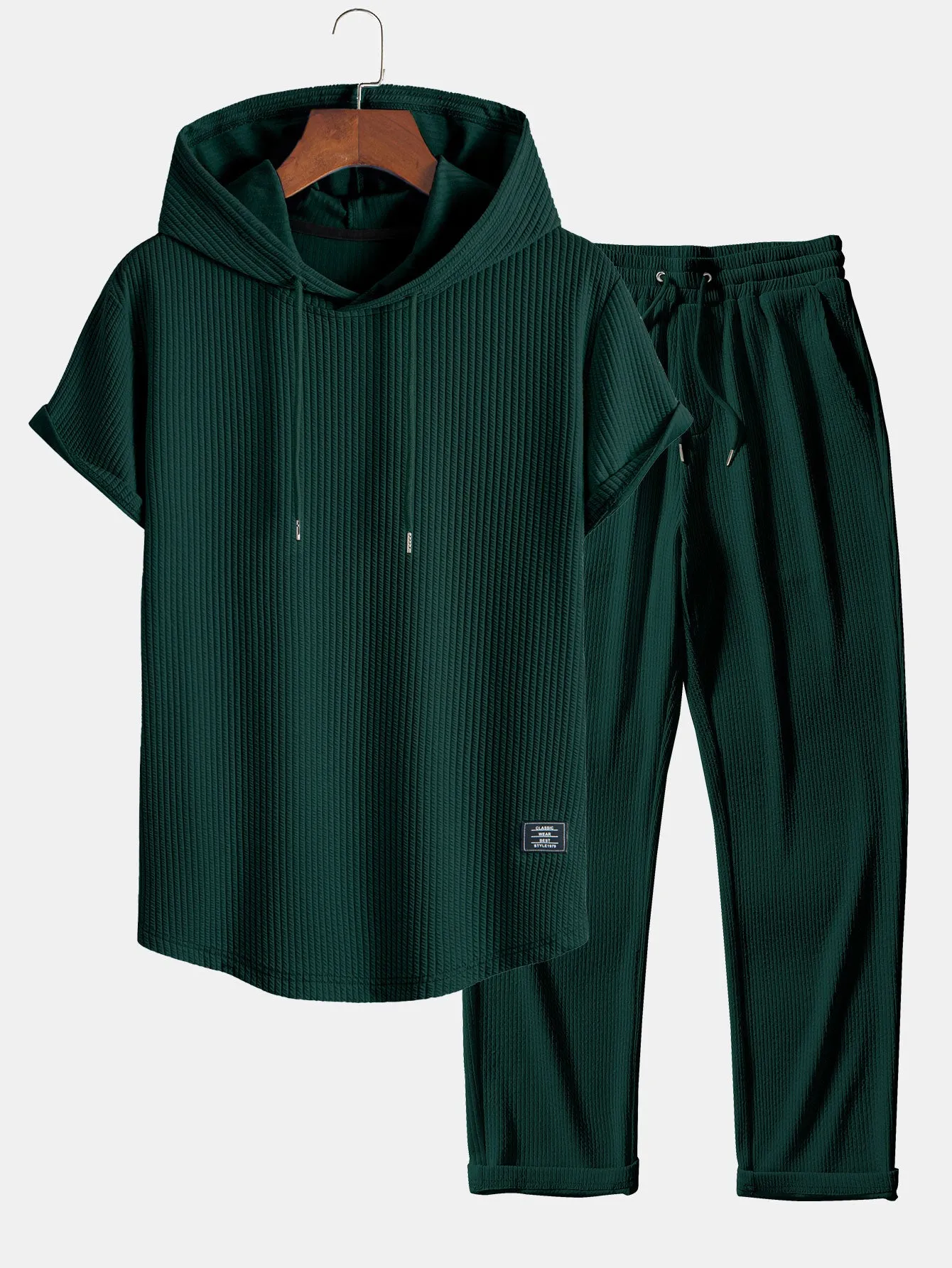 Ribbed Hooded Arc Hem T-Shirt & Straight Leg Ribbed Pants sold by Hoooyi product image thumbnail 3