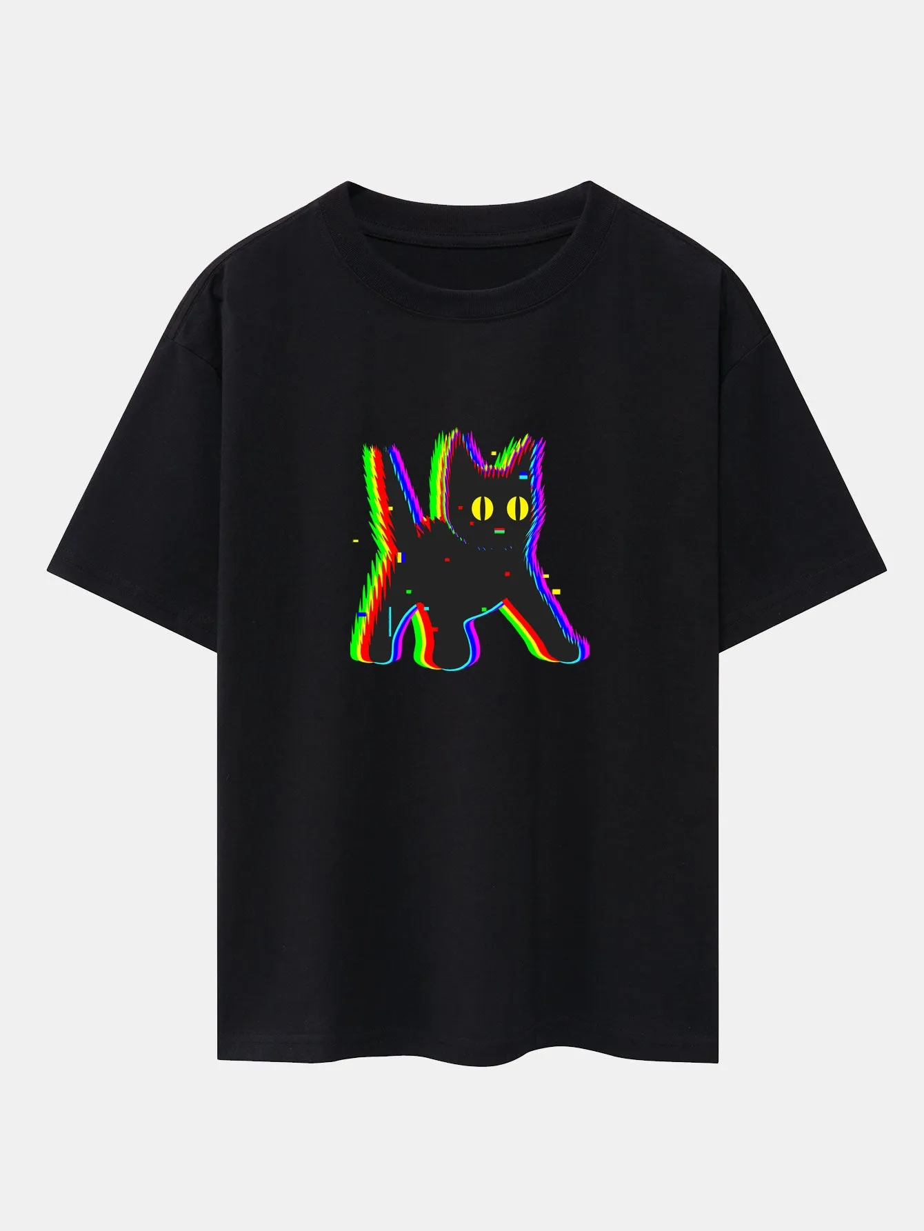 Glitch Black Cat Print Drop Shoulder Oversize T-Shirt sold by Hoooyi