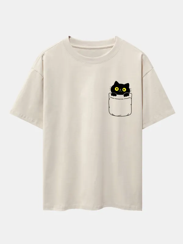 Pocket Cat Print Drop Shoulder Oversize T-Shirt sold by Hoooyi