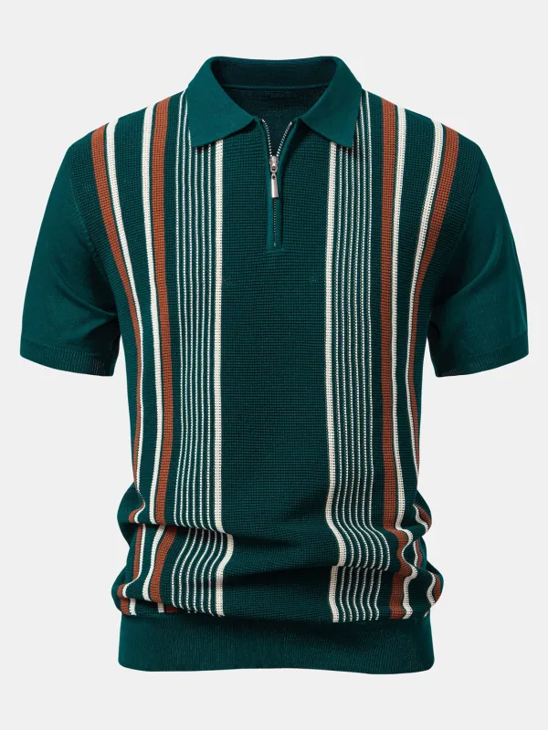 Stripe Knit Zip Up Polo Shirt sold by Hoooyi
