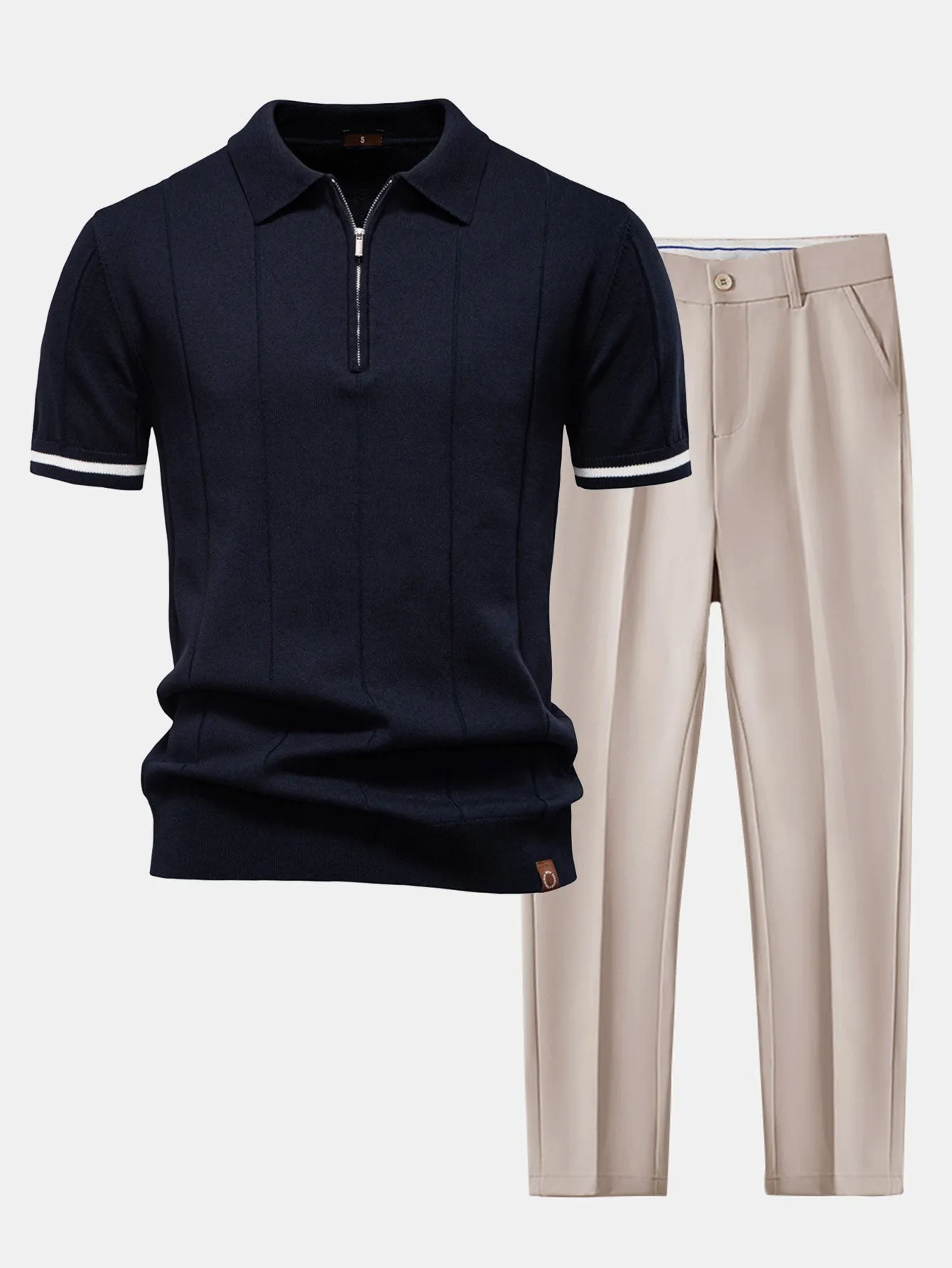 Contrast Trim Zipper Knit Polo Shirt & Slim Fit Tapered Trousers sold by Hoooyi