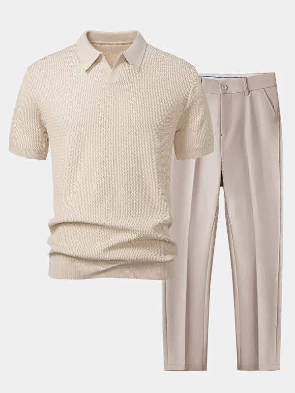 Wave Jacquard Knit V Neck Polo Shirt & Slim Fit Tapered Trousers sold by Hoooyi