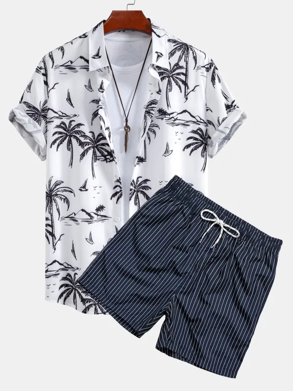 Palm Tree Island Print Button Up Shirt & Striped Print Swim Shorts sold by Hoooyi