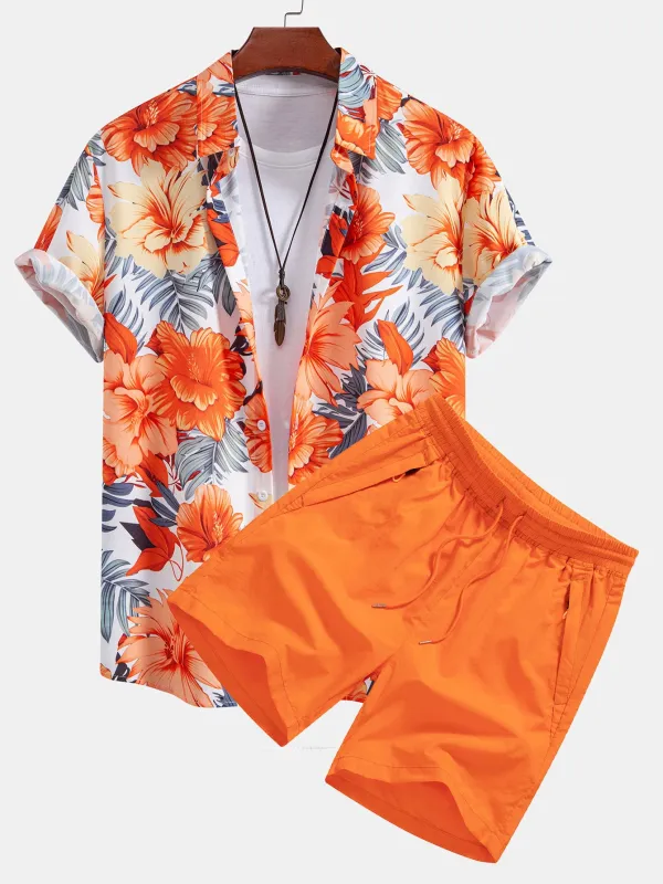 Tropical Flowers Print Button Up Shirt & Drawstring Swim Shorts made by Hoooyi