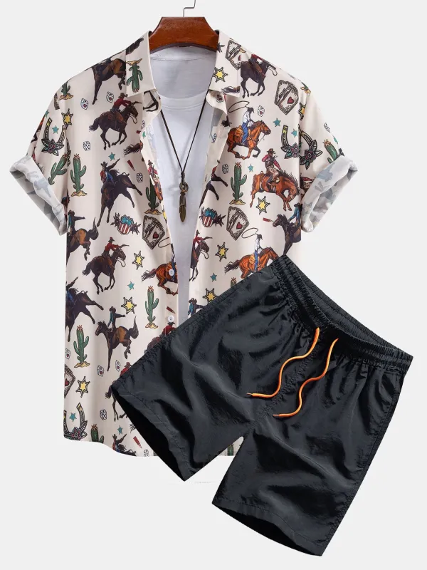 Cowboy Print Button Up Shirt &  Drawstring Swim Shorts made by Hoooyi