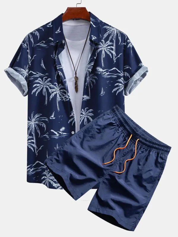 Palm Tree Island Print Button Up Shirt & Drawstring Swim Shorts made by Hoooyi