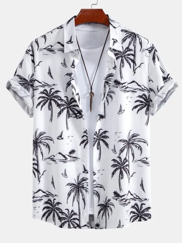 Palm Tree Island Print Button Up Shirt sold by Hoooyi