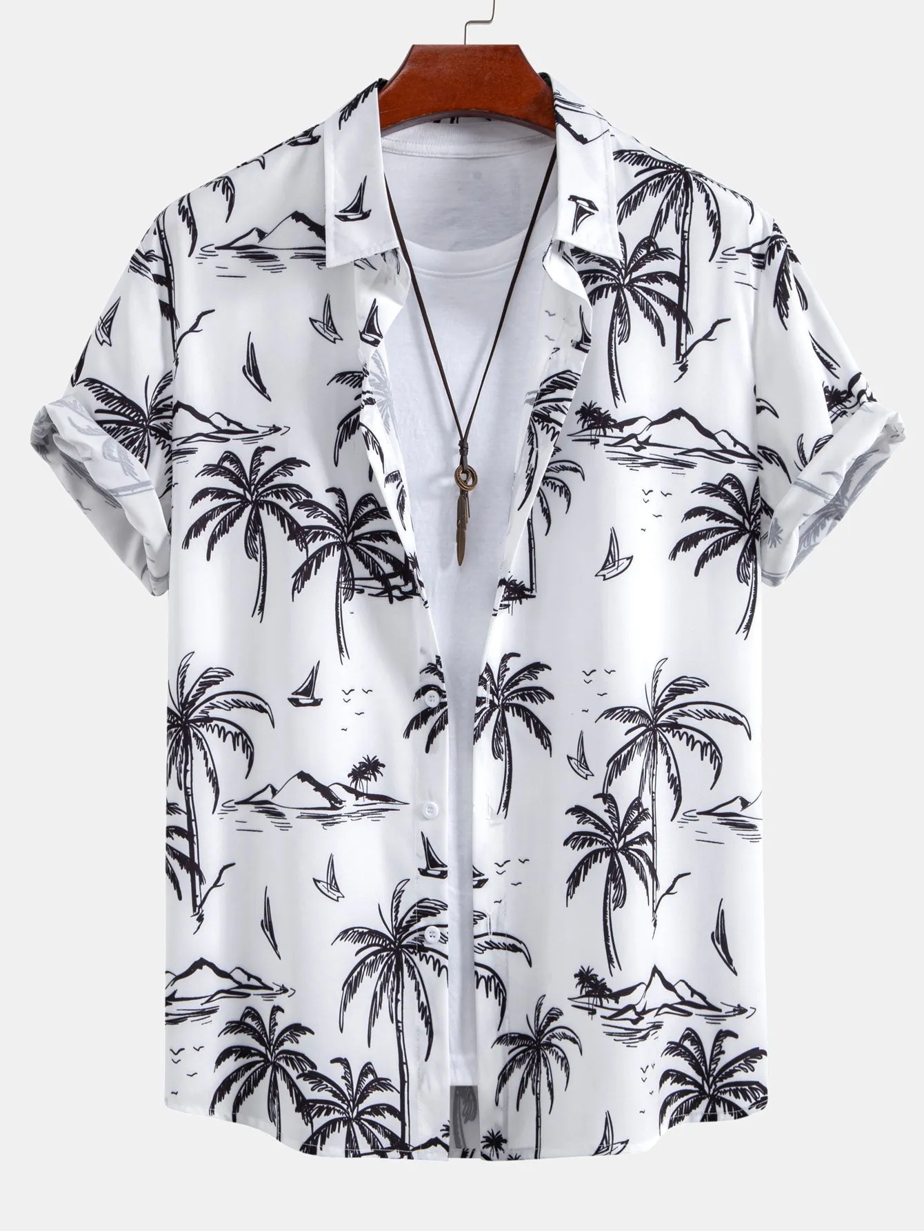 Palm Tree Island Print Button Up Shirt sold by Hoooyi