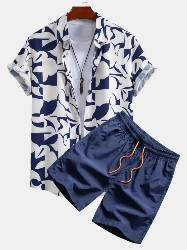 Color Block Print Button Up Shirt & Swim Shorts sold by Hoooyi