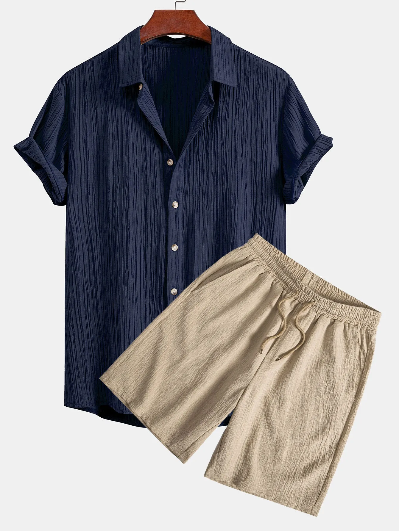 Crinkled Textured Button Up Shirt & Crinkled Textured Drawstring Shorts sold by Hoooyi product image thumbnail 4