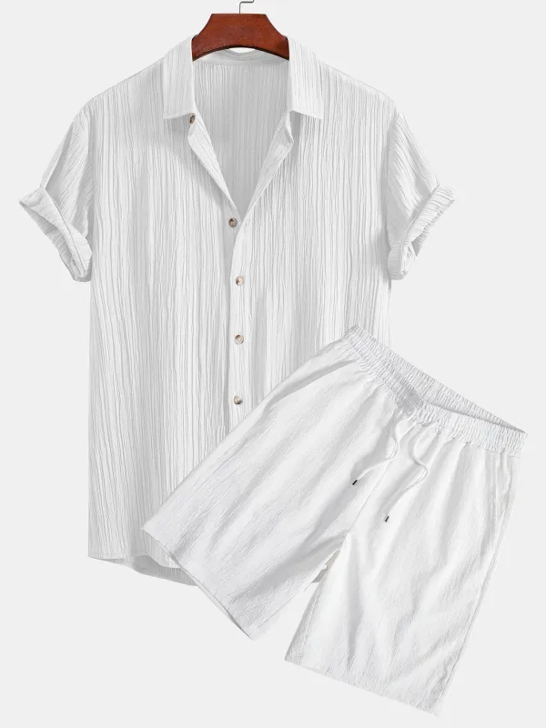 Crinkled Textured Button Up Shirt & Crinkled Textured Drawstring Shorts made by Hoooyi
