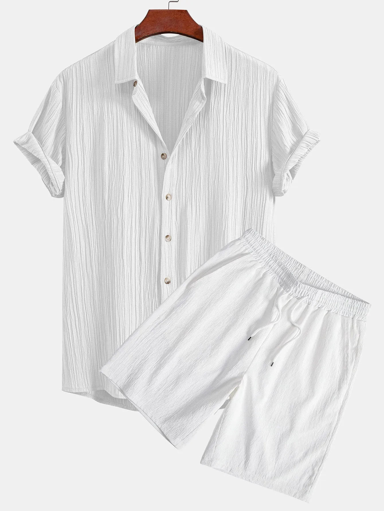 Crinkled Textured Button Up Shirt & Crinkled Textured Drawstring Shorts sold by Hoooyi