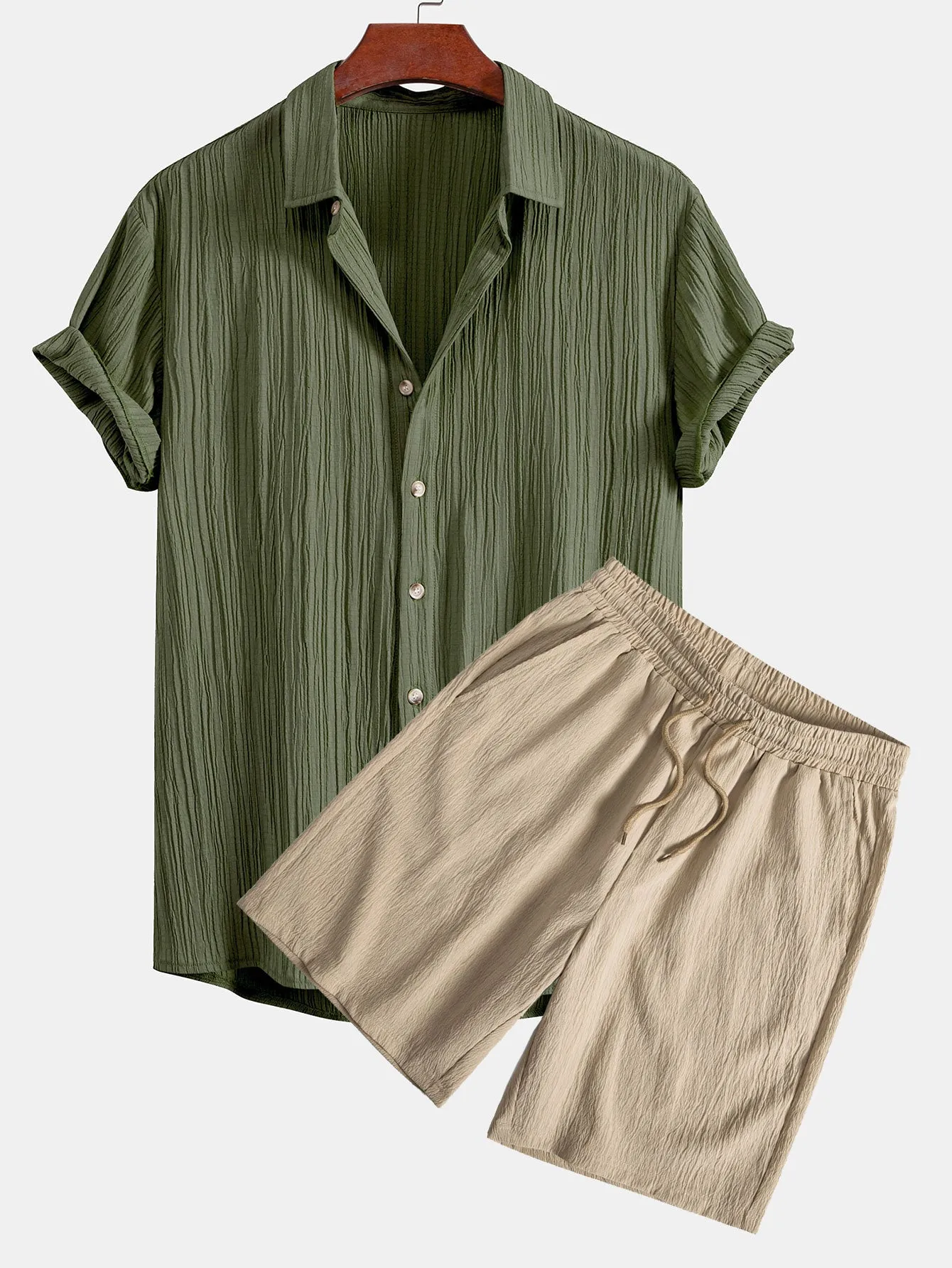 Crinkled Textured Button Up Shirt & Crinkled Textured Drawstring Shorts sold by Hoooyi product image thumbnail 3