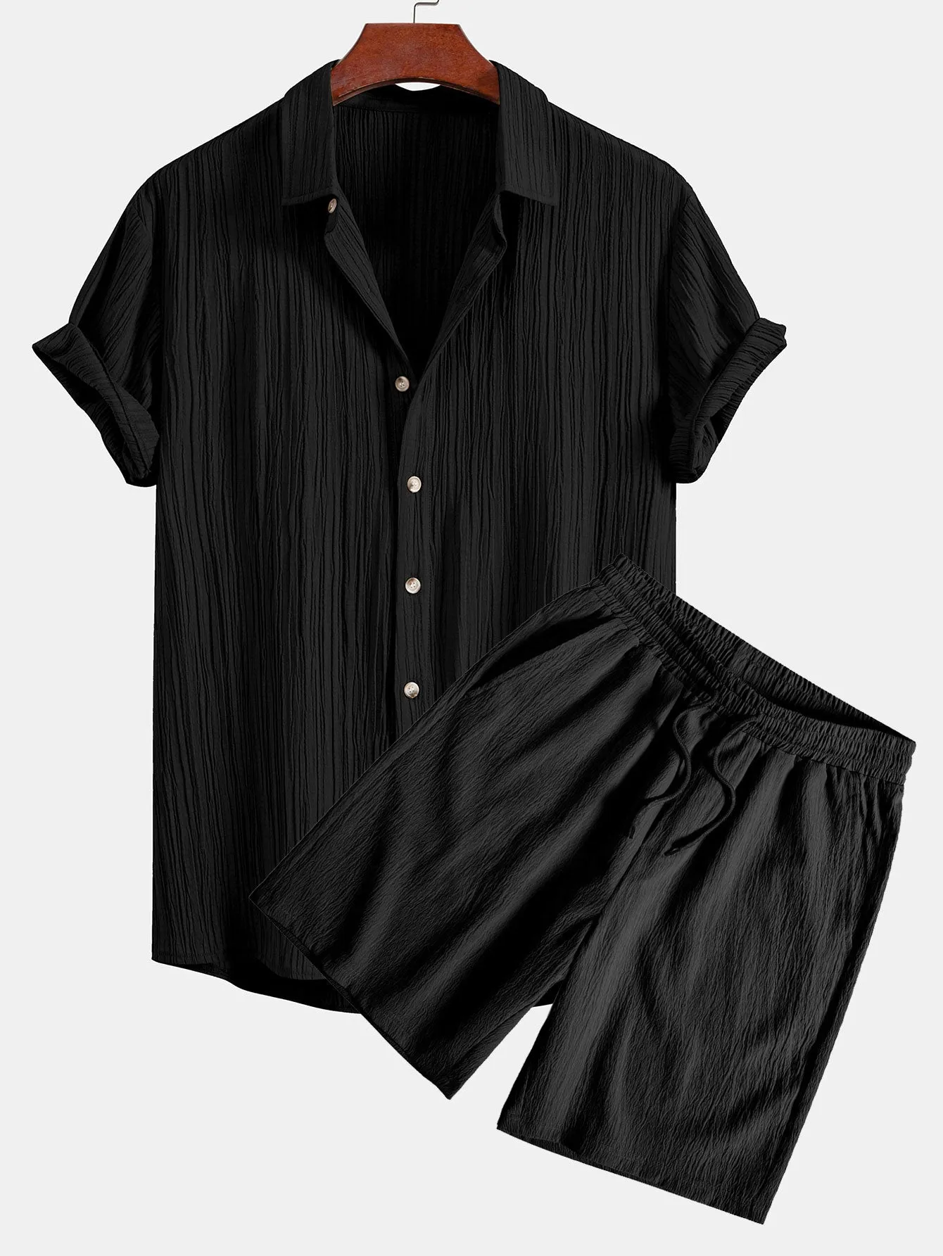 Crinkled Textured Button Up Shirt & Crinkled Textured Drawstring Shorts sold by Hoooyi product image thumbnail 2
