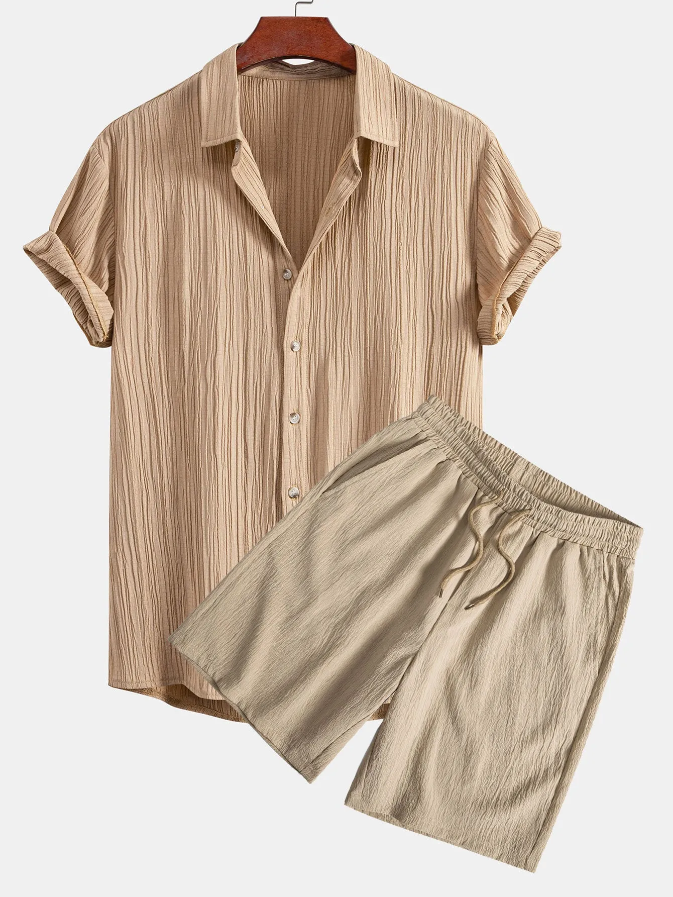 Crinkled Textured Button Up Shirt & Crinkled Textured Drawstring Shorts sold by Hoooyi product image thumbnail 5