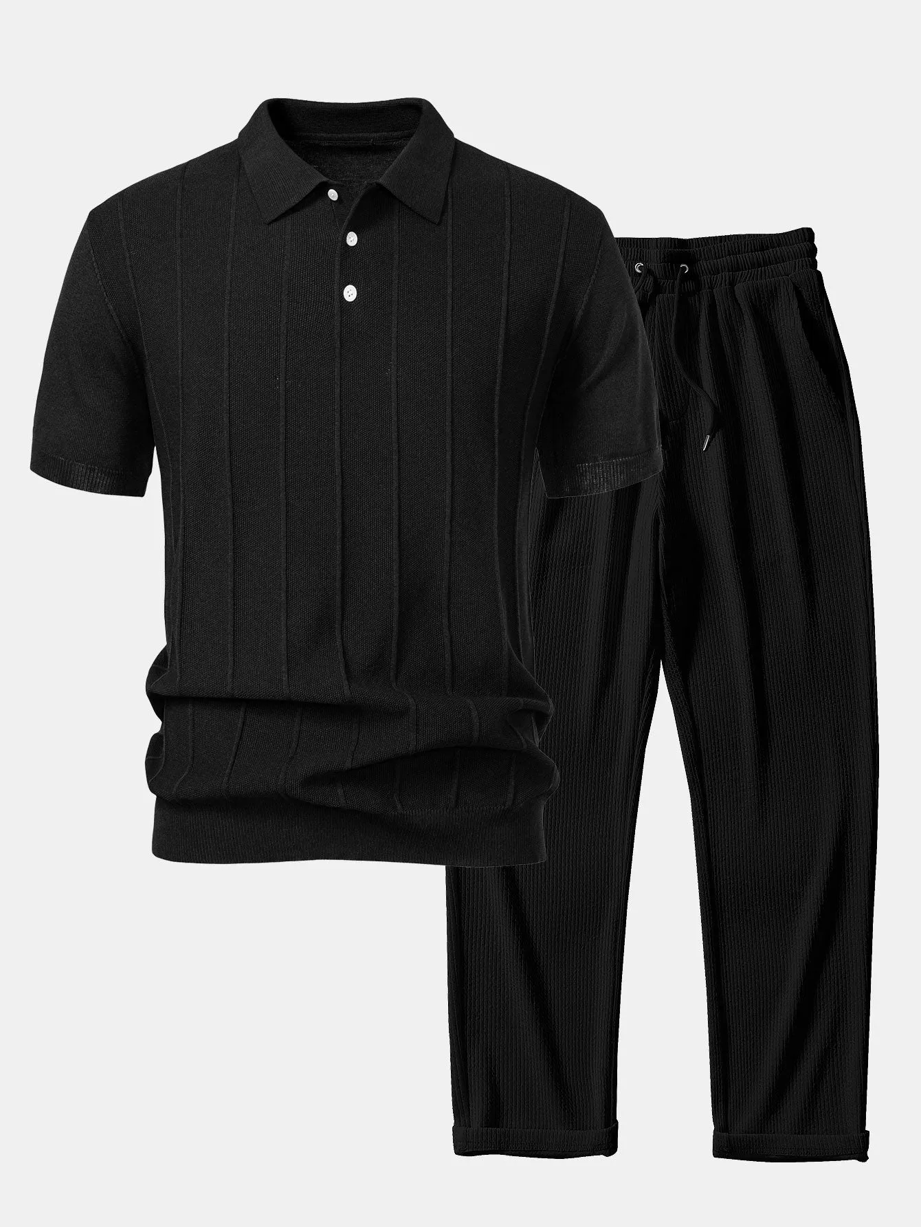 Stripe Jacquard Knit Polo Shirt & Straight Leg Ribbed Pants sold by Hoooyi product image thumbnail 2