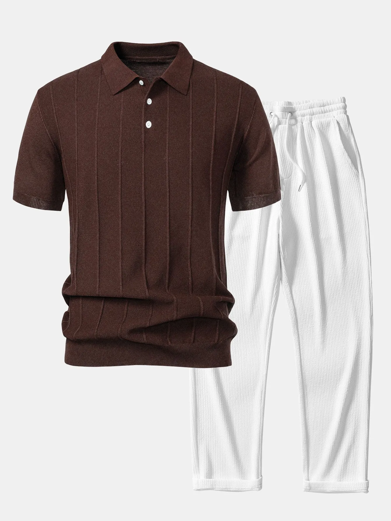 Stripe Jacquard Knit Polo Shirt & Straight Leg Ribbed Pants sold by Hoooyi product image thumbnail 5