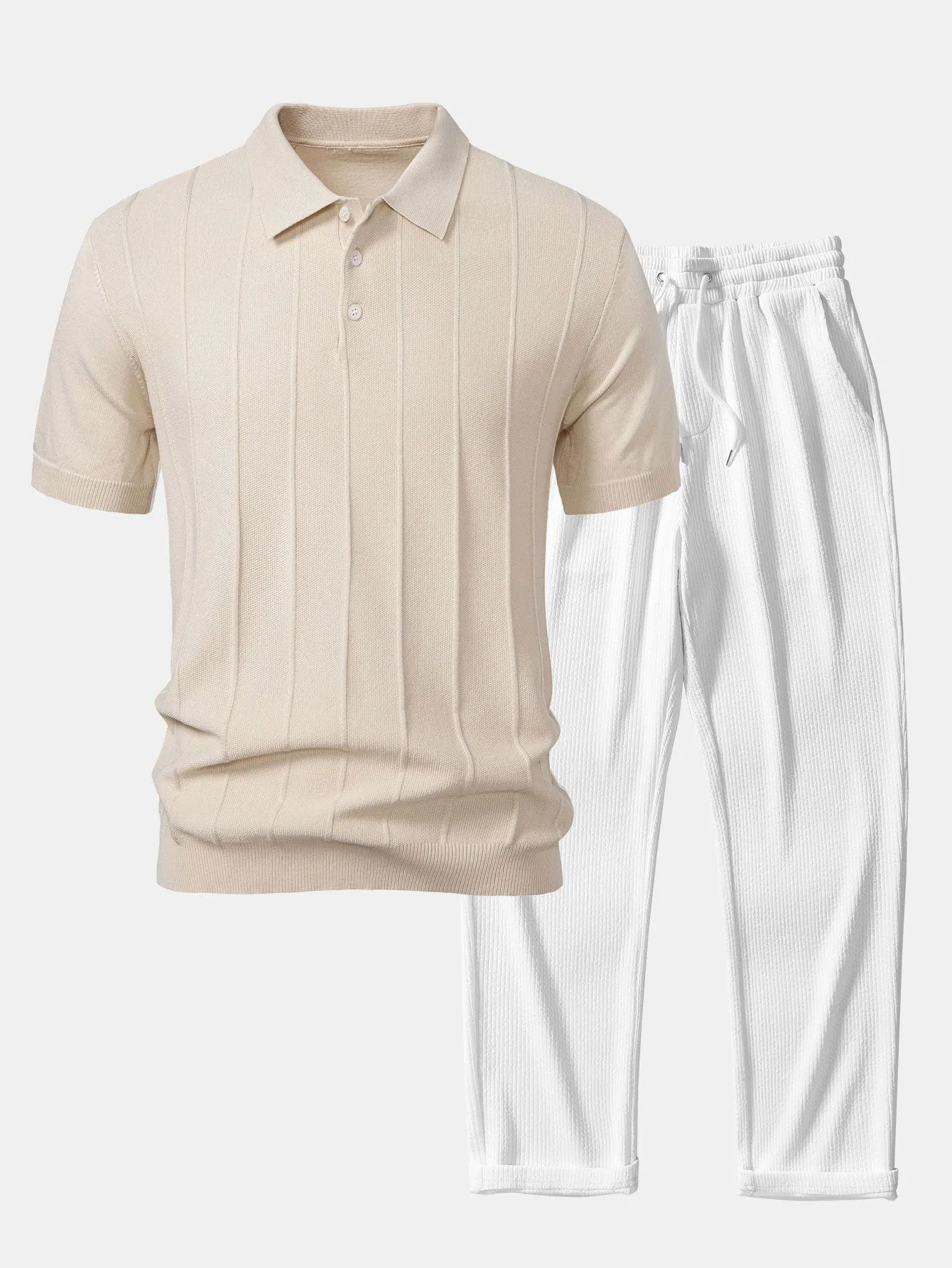 Stripe Jacquard Knit Polo Shirt & Straight Leg Ribbed Pants sold by Hoooyi product image thumbnail 3