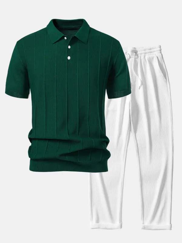 Stripe Jacquard Knit Polo Shirt & Straight Leg Ribbed Pants sold by Hoooyi